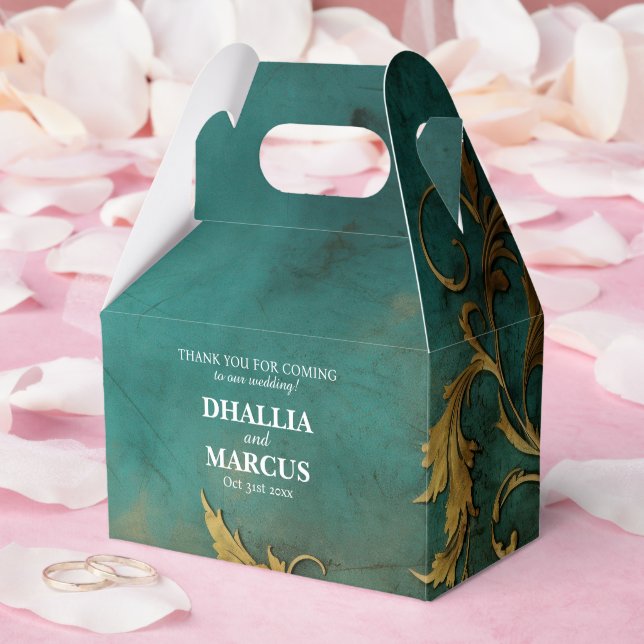 Caja Para Regalos Gótico Floral Verde azulado Y Oro (Boda)