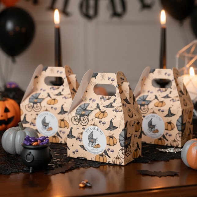 Caja Para Regalos Gótico personalizado Victoriano Bebé Carriage Hall (Cute Gothic Halloween Baby Shower Favor Boxes in Orange. Spooky Vintage Baby Carriage Pumpkins Bats)