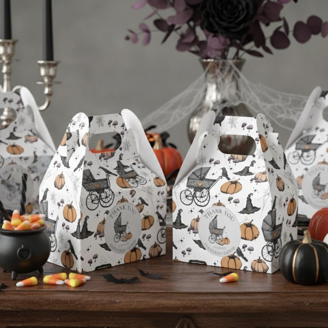 Caja Para Regalos Gótico personalizado Victoriano Bebé Carriage Hall (Cute Gothic Halloween Baby Shower Favor Boxes in White. Spooky Vintage Baby Carriage Pumpkins Bats)
