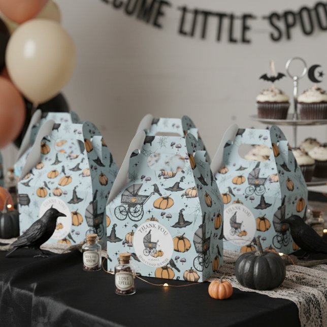 Caja Para Regalos Gótico personalizado Victoriano Bebé Carriage Hall (Cute Gothic Halloween Baby Shower Favor Boxes in Blue. Spooky Vintage Baby Carriage Pumpkins Bats)