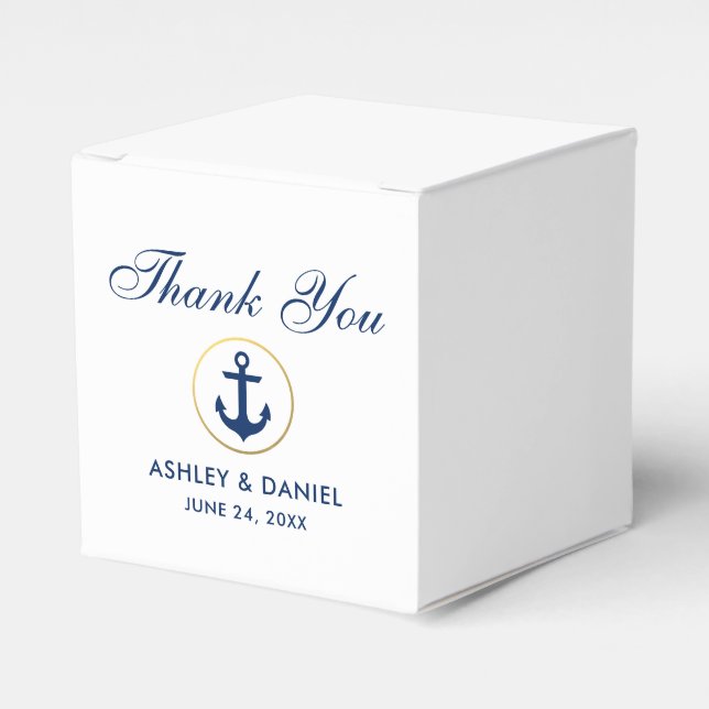 Caja Para Regalos Gracias Boda de oro blanco azul Anchor Náutico (Costado Anverso)