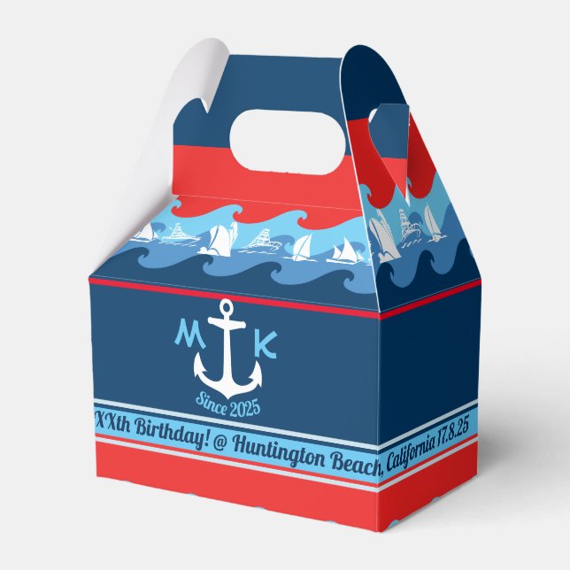 Caja Para Regalos Gracias Nautical Anchor Wave Bote Rojo Azul Blanco (Front Side)