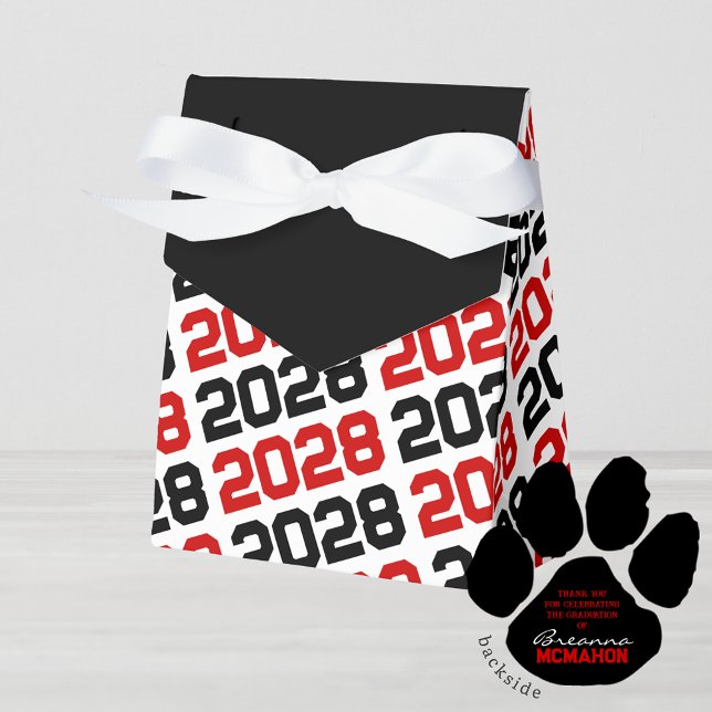 Caja Para Regalos Grad Rojo y Negro Gracias Papelera Regalo (Red & Black Pawprint Class Year Graduation Favor Boxes. With Personalization on Back)