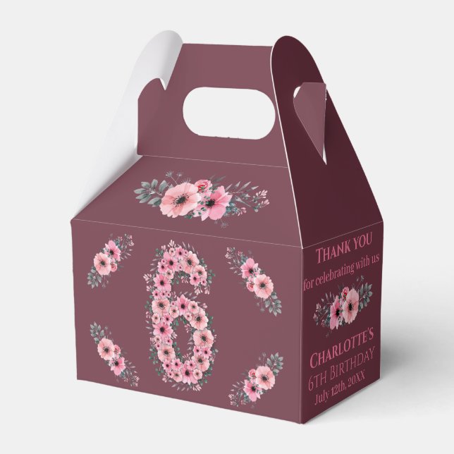 Caja Para Regalos Gran 6° cumpleaños Flores rosadas Chica follaje ve (Front Side)