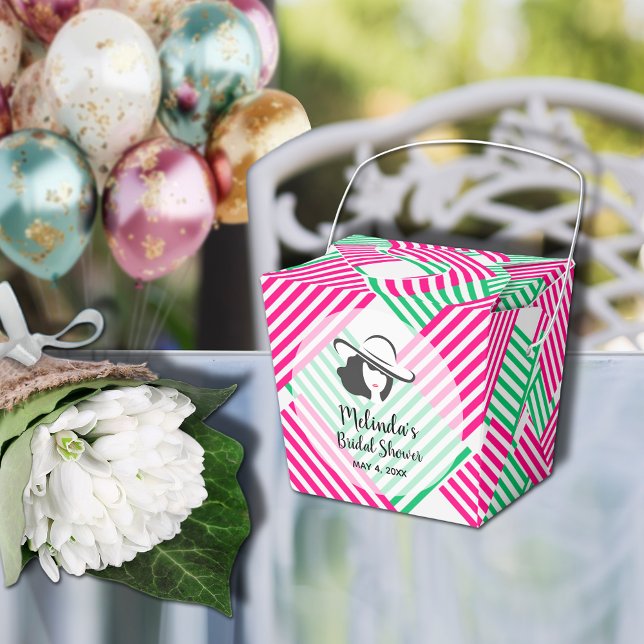 Caja Para Regalos Gran Gorra Derby Lady Hot Pink Green Stripes 2" (Big Derby hat lady on hot pink and green diagonal stripes takeout style bridal shower favor boxes)