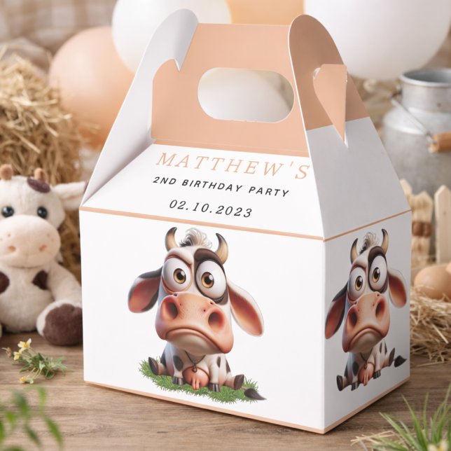 Caja Para Regalos Granja de animales con vaca adorable para cumpleañ (Cute Cow Farm Animals 2nd Birthday Party Favor Boxes
)