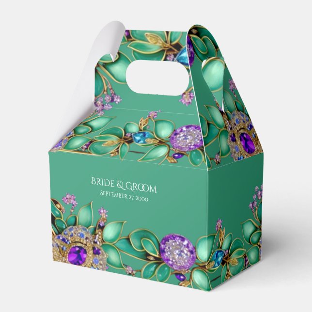 Caja Para Regalos Green Leaves Purple Gemstones Favor Box (Front Side)