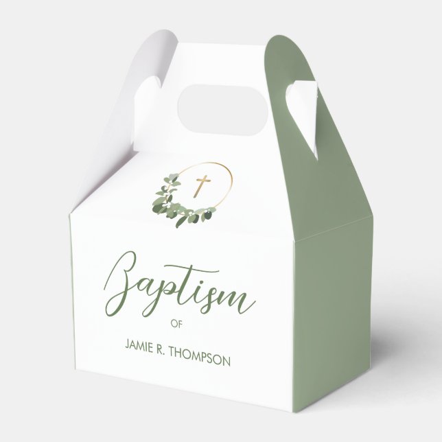 Caja Para Regalos Green Modern Wreath Gold Cross Baptism (Front Side)