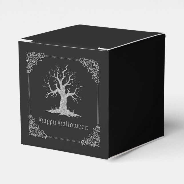 Caja Para Regalos Halloween con árbol plateado (Costado Anverso)