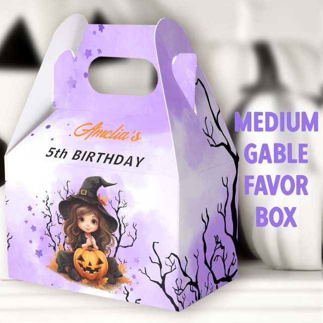 Caja Para Regalos Halloween Cumpleaños Cuta Pequeña Bruja Media Gabl (Little Witch Medium Gable Favor Boxes - You can choose from 3 sizes of these gable favor boxes)