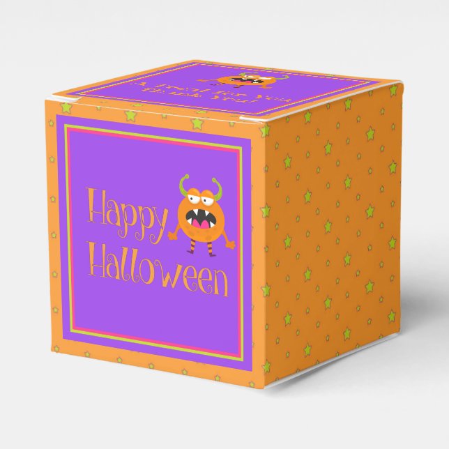 Caja Para Regalos Halloween de pequeños monstruos Naranjas morados (Costado Anverso)