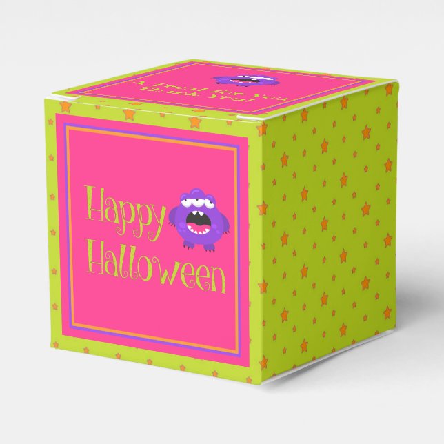 Caja Para Regalos Halloween de pequeños monstruos verdes rosados (Costado Anverso)