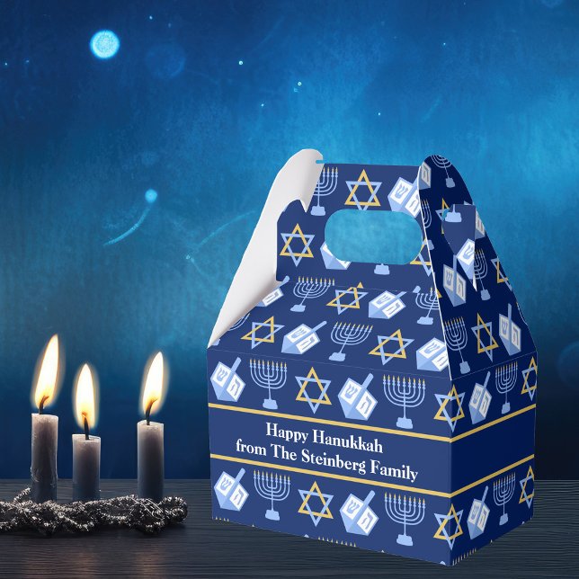 Caja Para Regalos Hanukkah Azul Menorah Dreidel Patrón Personalizado (Subido por el creador)
