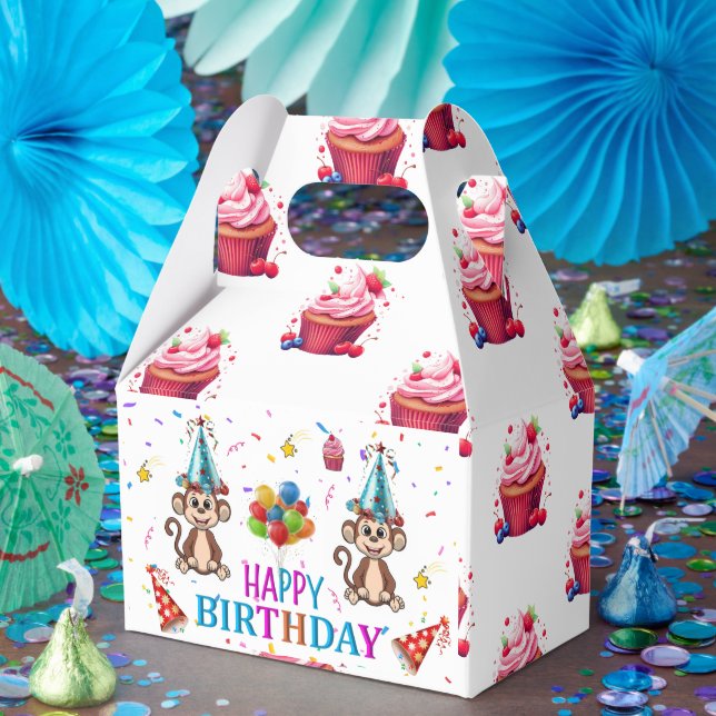 Caja Para Regalos Happy Birthday Gable Favor Box Monkey Cupcake (Fiesta)