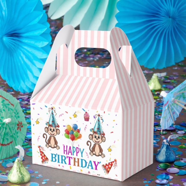 Caja Para Regalos Happy Birthday Gable Favor Box Pink Stripe Monkeys (Fiesta)