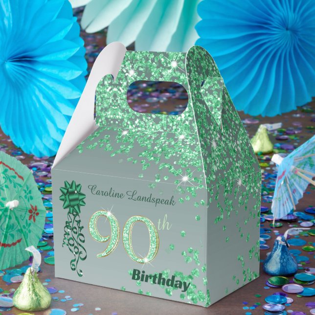 Caja Para Regalos Hermosa Purpurina Verde y Cinta 90 cumpleaños (Fiesta)