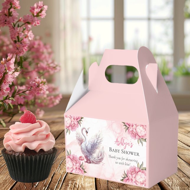 Caja Para Regalos Hermoso Chica floral rosa de cisne Baby Shower (Beautiful Swan Pink Floral Peonies Girl Baby Shower Favor Boxes)