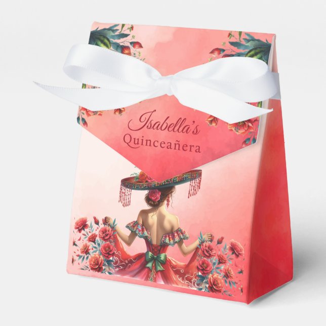 Caja Para Regalos Hermoso estilo mexicano rojo Quinceañera (Front Side)