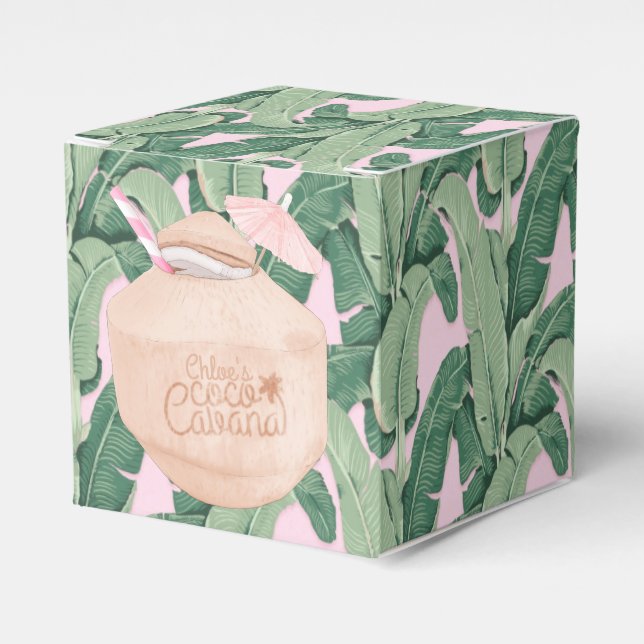 Caja Para Regalos Hojas tropicales rosas y verdes | Bebida de coco | (Costado Anverso)
