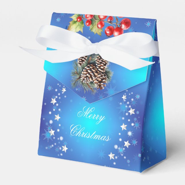 Caja Para Regalos Icy Blue White Stars Pine Cone Red Berries Regalo (Front Side)