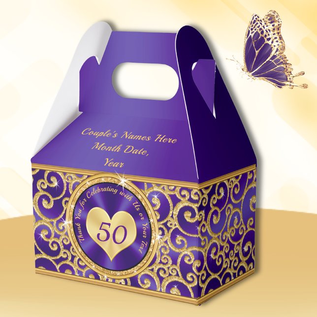 Caja Para Regalos Impresionante morado real y oro 50 años (Purple and Gold, 50th anniversary party ideas for parents. 50th wedding anniversary favor boxes.)