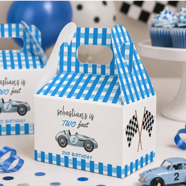Caja Para Regalos Invitación de cumpleaños número 2 de Dos Autos de  (Two Fast Blue Race Car 2nd Birthday Invitation Favor Boxes)