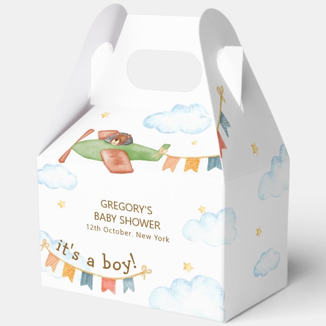 Caja Para Regalos It's A Boy Bear Airplane Sky Baby Shower  (Anverso)