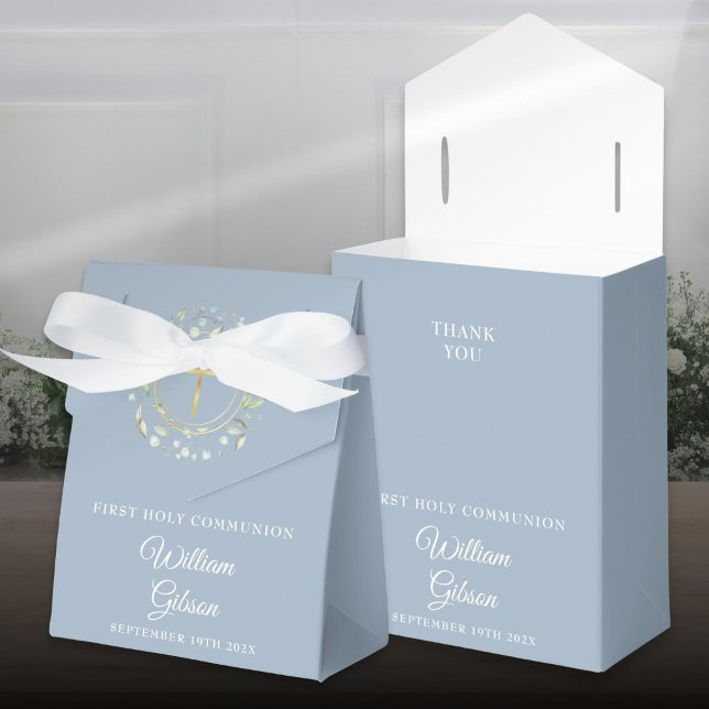 Caja Para Regalos La primera comunión de la vegetación Garland Dusty (First Holy Communion Greenery Garland Dusty Blue Favor Boxes)