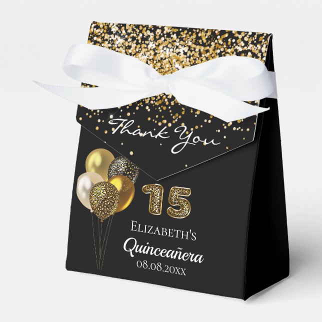 Caja Para Regalos Leopardo purpurina de oro negro de Quinceanera gra (Front Side)