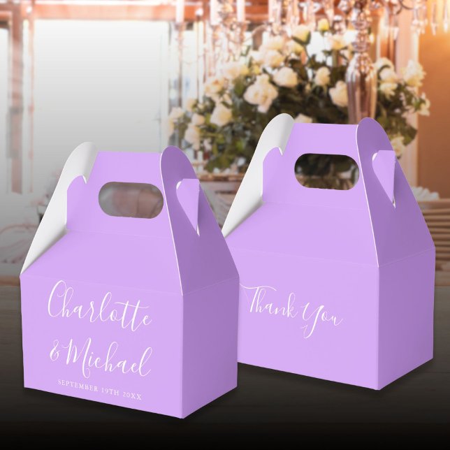 Caja Para Regalos Lilac Lavender Elegante Boda de guiones de firma (Lilac Lavender Elegant Signature Script Wedding Favor Boxes)