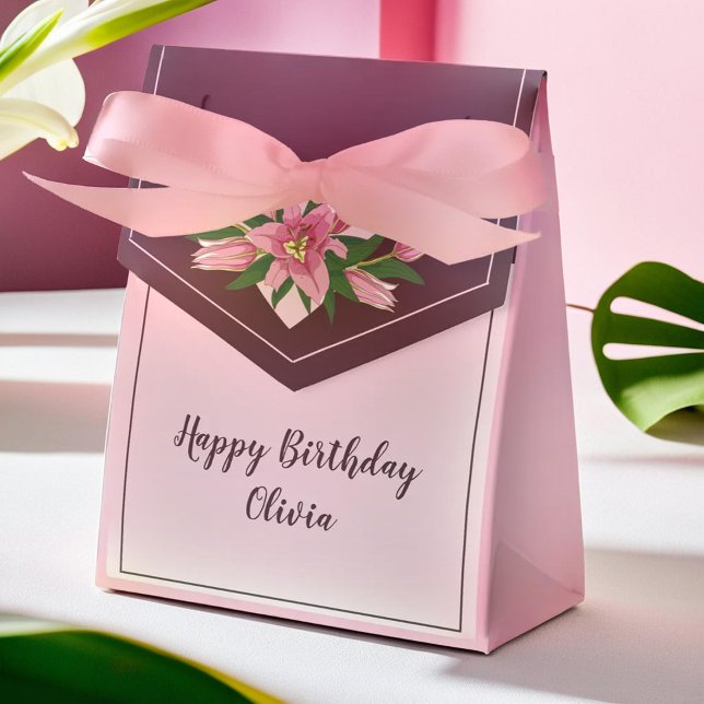 Caja Para Regalos Lirio de Pink Blooming Gracias/ Feliz Cumpleaños (Pink Blooming Lily Thank you/ Happy Birthday Favor Boxes)