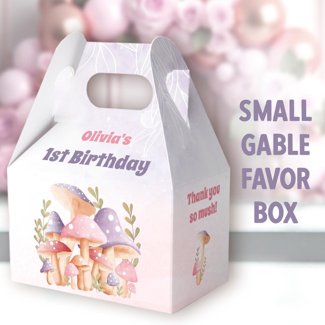 Caja Para Regalos Los hongos morados rosados caen primer cumpleaños  (Mushrooms Small Gable Favor Boxes - You can choose from 3 sizes of these gable favor boxes)