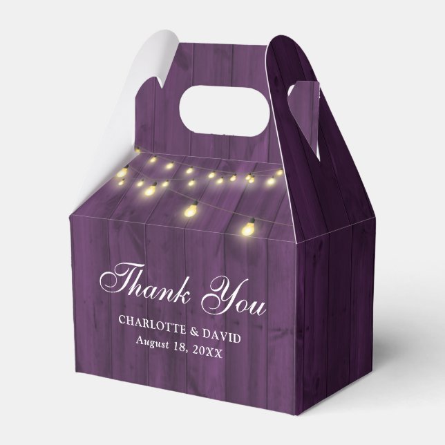 Caja Para Regalos Luces de Cuerda de Madera de Granero Morado Boda (Front Side)