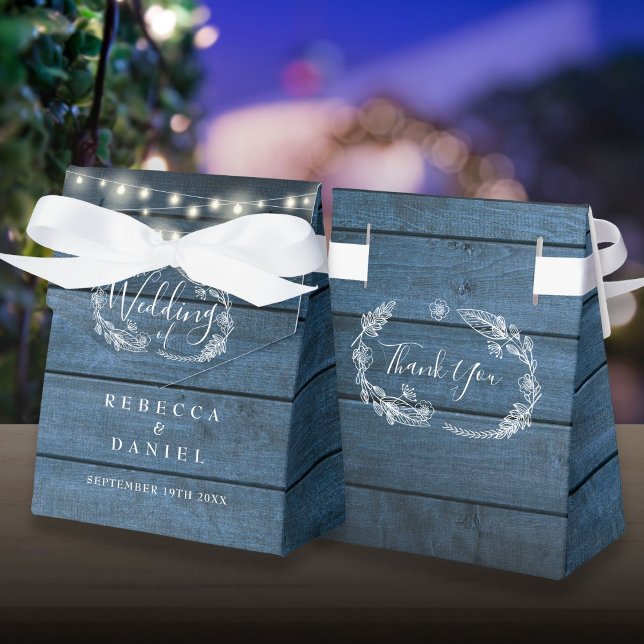 Caja Para Regalos Luces de Cuerda de Madera Rústica Azul para Bodas  (Blue Rustic Wood String Lights Floral Wedding Favor Box)