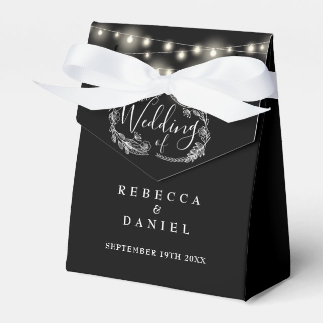 Caja Para Regalos Luces de Cuerda en Blanco y Negro para Boda Floral (Front Side)