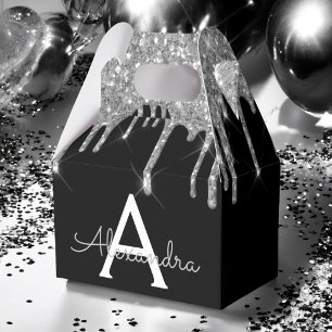 Caja Para Regalos Lujo Negro Plata Brillo Glam Monograma Nombre