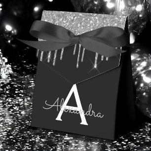 Caja Para Regalos Lujo Negro Plata Brillo Glam Monograma Nombre