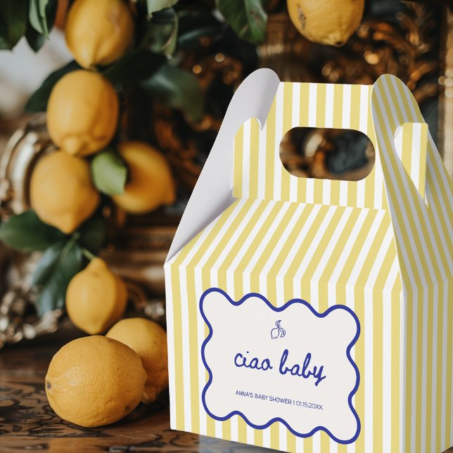 Caja Para Regalos Mano de bebé de Ciao dibuja Baby Shower azul y ama (ciao baby blue and yellow hand drawn favor boxes for italian baby shower inspired by lemons)