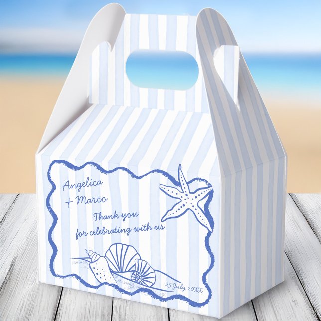 Caja Para Regalos Marejadas azules onduladas borde playa favores de  (Seashells handrawn blue wavy border beach wedding favors personalized favor boxes)