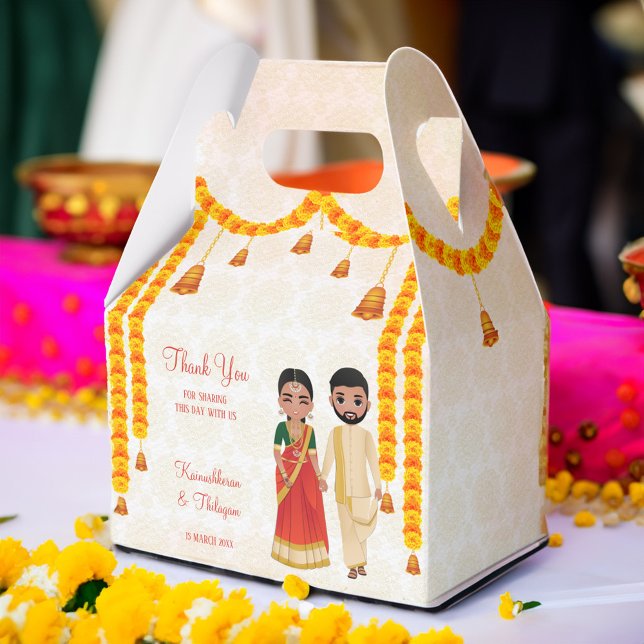 Caja Para Regalos Marigold garlands campanas con el boda Tamil Telug (Tamil South Indian wedding favor gift boxes marigold garlands cute Tamil bridal couple cartoon box)