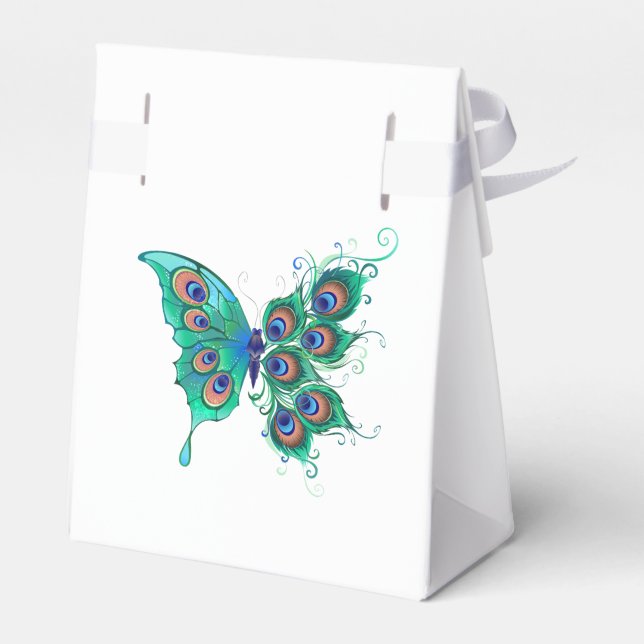 Caja Para Regalos Mariposa con plumas de pavo real verde (Reverso)