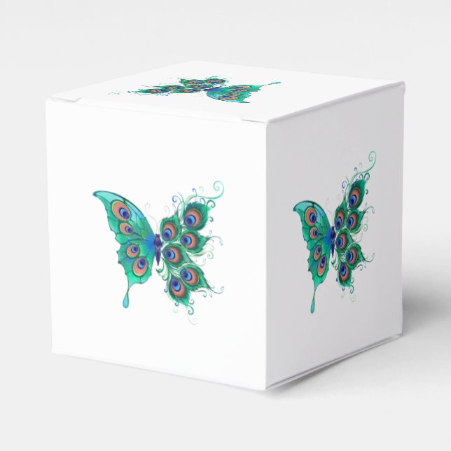 Caja Para Regalos Mariposa con plumas de pavo real verde (Costado Anverso)