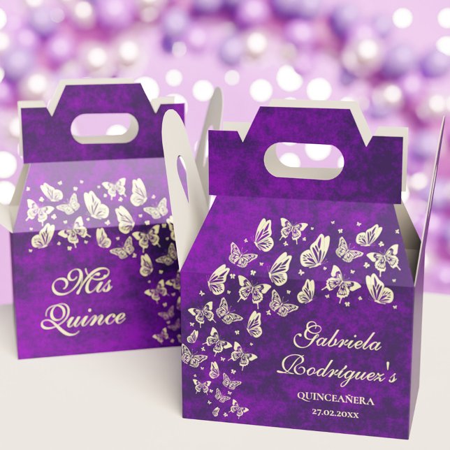 Caja Para Regalos Mariposa de oro morado Quinceañera 15º cumpleaños (Purple Gold Butterfly Quinceañera 15th Birthday Favor Boxes)