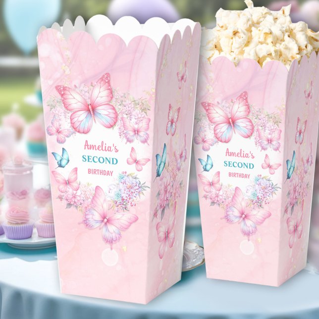 Caja Para Regalos Mariposa rosa Floral Verano Chica Cumpleaños Palom (Pink Butterfly Floral Summer Girl Birthday Popcorn Favor Boxes)