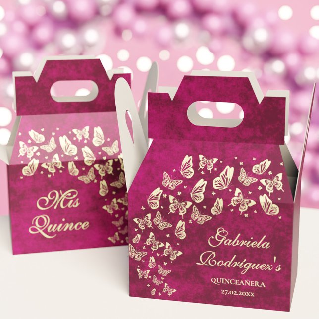 Caja Para Regalos Mariposa rosada de oro 15ª Fiesta de cumpleaños 15 (Pink Gold Butterfly 15th Birthday Party Fifteenth Favor Boxes)