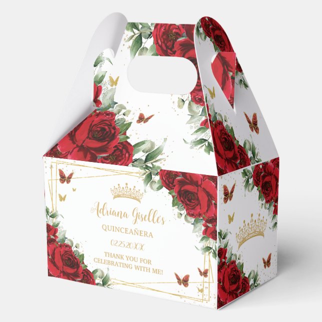 Caja Para Regalos Mariposas Florales Rojas Cumpleaños Quinceañera 16 (Anverso)