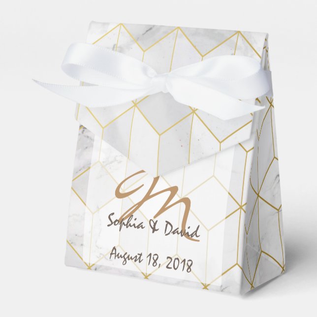 Caja Para Regalos Mármol blanco con patrón de cubo de oro + monogram (Front Side)