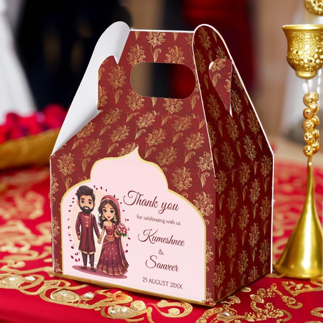 Caja Para Regalos Maroon y personalizado de pareja de novias india a (Maroon and gold Indian wedding favors cute bridal couple cartoon personalized printed Favor Boxes)