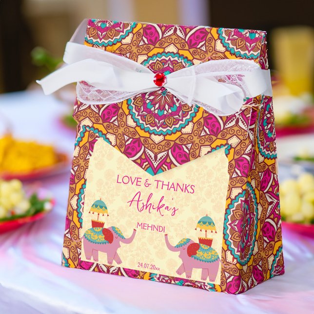 Caja Para Regalos Mehndi lindo elefantes bodas indios rosados (Mehndi cute Indian wedding elephants pink Favor Box)