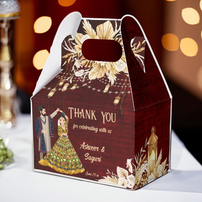 Caja Para Regalos Mehndi Sangeet, pareja de bailarines de boda indio (Mehndi and Sangeet Indian wedding maroon and gold favor gift box cute cartoon dancing bridal couple)